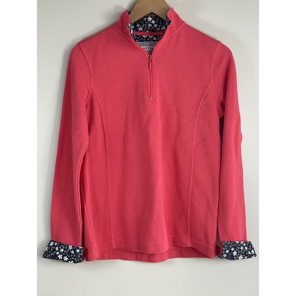 Orvis Sweaters - ORVIS Womens Medium Pink 1/4 Zip Sweater Ribbed Knit Floral Flip Trim Sweatshirt